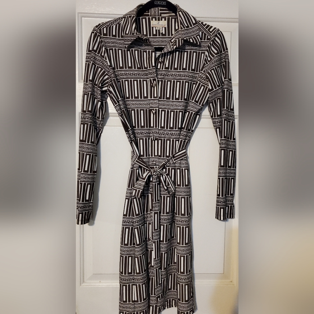 Jude Connally Chocolate and Cream Patterned Long Sleeve Dress